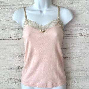 VINTAGE 90s Y2K Lace Trim Rosette Satin Strap Baby Doll Tank Top M Baby Pink